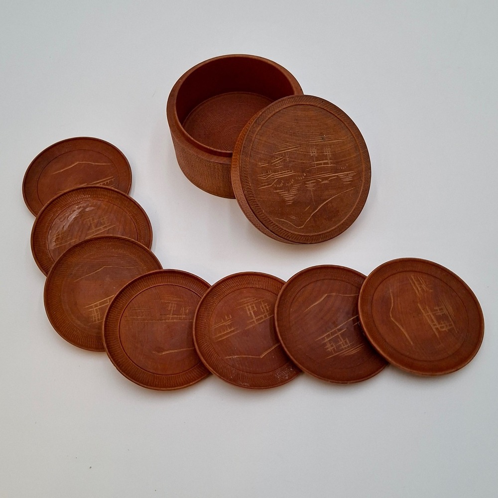Vintage Japanese Wood Coaster Set of 7 Etched Scenic Round Lidded Box Made Japan